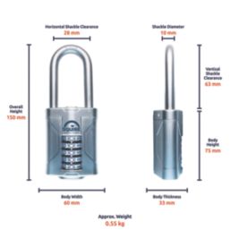 Squire Vulcan Combi 60/2.5 Water-Resistant Long Shackle Combination  Padlock Blue 60mm
