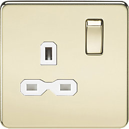 Knightsbridge  13A 1-Gang DP Switched Single Socket Polished Brass  with White Inserts