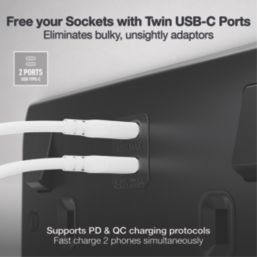 British General Nexus Metal 13A 2-Gang SP Switched Socket + 3.25A 45W 2-Outlet Type C USB Charger Matt Black with Black Inserts