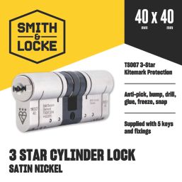 Smith & Locke Fire Rated 3 Star Diamond Double Cylinder Lock 40-40 (80mm) Satin Nickel