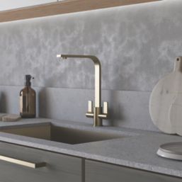 ETAL Stroud Twin Lever Kitchen Mixer Tap Brushed Steel