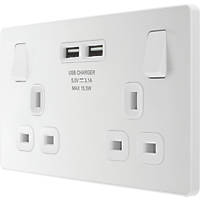 British General Evolve 13A 2-Gang SP Switched Socket + 3.1A 2-Outlet Type A USB Charger White with White Inserts