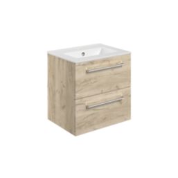 Ohio 2-Drawer Bathroom Vanity Unit with Ceramic Basin Effect Oak 510mm x 390mm x 518mm