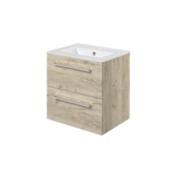 Ohio 2-Drawer Bathroom Vanity Unit with Ceramic Basin Effect Oak 510mm x 390mm x 518mm