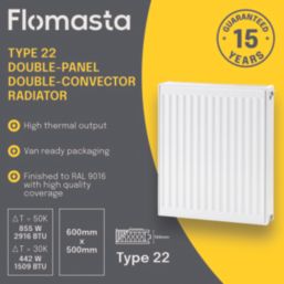 Flomasta 600mm x 500mm 2916BTU White Type 22 Convector Radiator