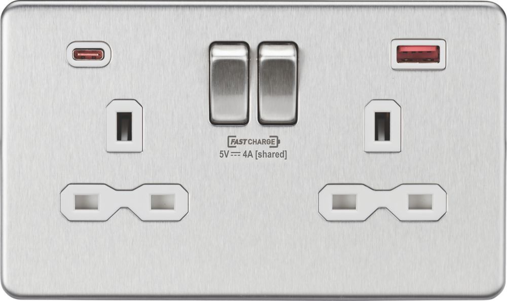 Knightsbridge 13a 2 Gang Dp Switched Socket 40a 18w 2 Outlet Type A And C Usb Charger Brushed 1127