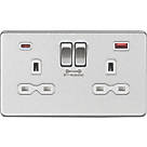 Knightsbridge  13A 2-Gang DP Switched Socket + 4.0A 2-Outlet Type A & C USB Charger Brushed Chrome with White Inserts