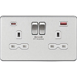 Knightsbridge  13A 2-Gang DP Switched Socket + 4.0A 18W 2-Outlet Type A & C USB Charger Brushed Chrome with White Inserts