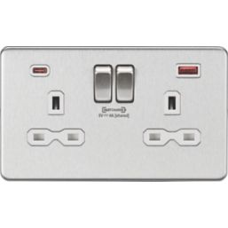 Knightsbridge SFR9909BCW 13A 2-Gang DP Switched Socket + 4.0A 2-Outlet Type A & C USB Charger Brushed Chrome with White Inserts