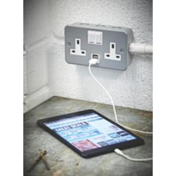 Essentials  13A 2-Gang DP Switched Metal Clad Socket + 2.1A 10.2W 2-Outlet Type A USB Charger with White Inserts