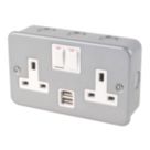 Essentials  13A 2-Gang DP Switched Metal Clad Socket + 2.1A 10.2W 2-Outlet Type A USB Charger with White Inserts
