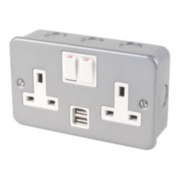 13A 2-Gang DP Switched Metal Clad Socket + 2.1A 10.2W 2-Outlet Type A USB Charger with White Inserts