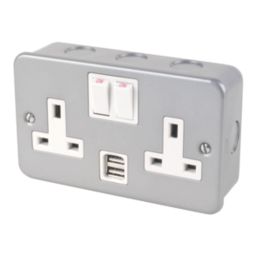 Essentials  13A 2-Gang DP Switched Metal Clad Socket + 2.1A 10.2W 2-Outlet Type A USB Charger with White Inserts