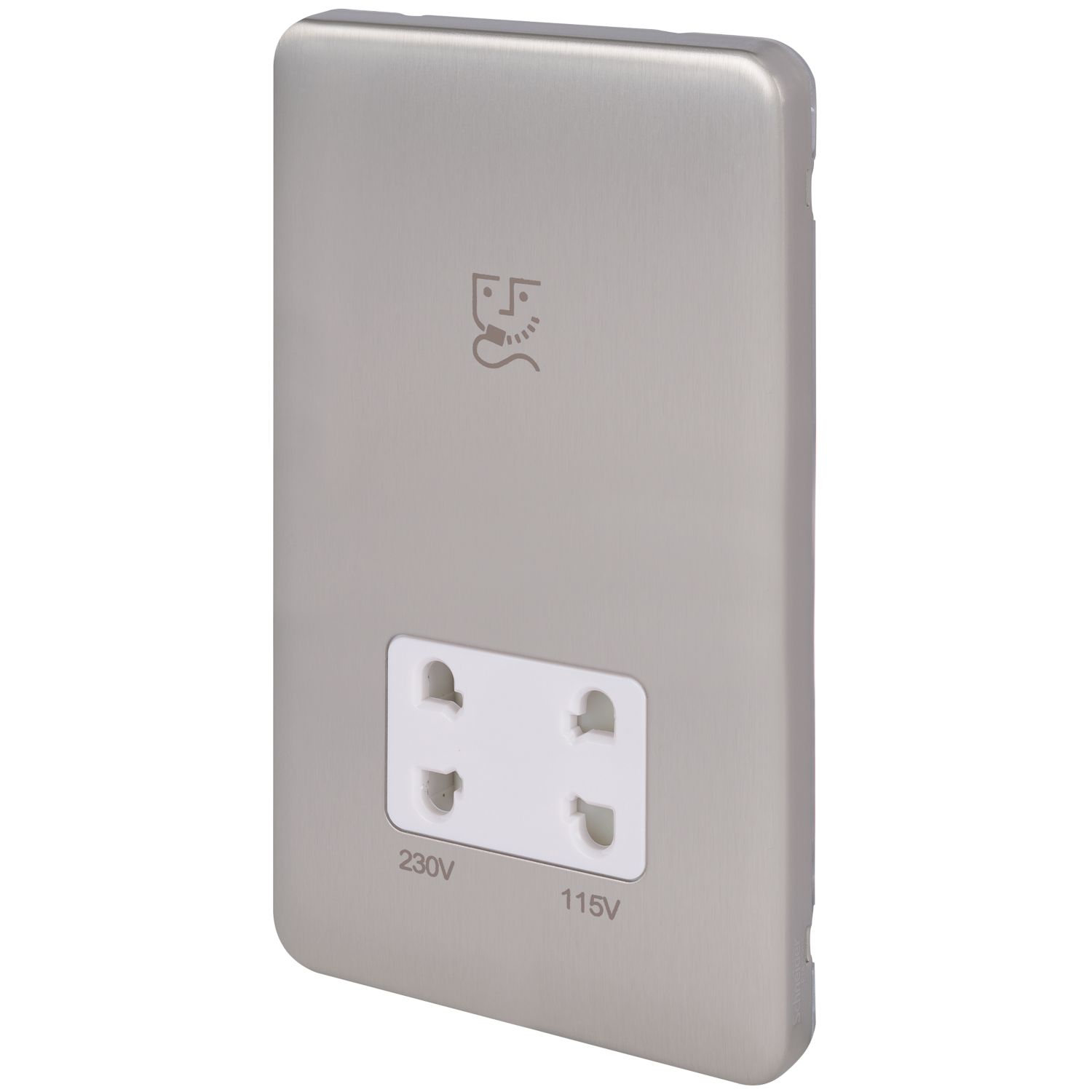 Schneider Electric Lisse Deco 2-Gang Dual Voltage Shaver Socket 115 / 230V Brushed Stainless Steel with White Inserts (800FF)