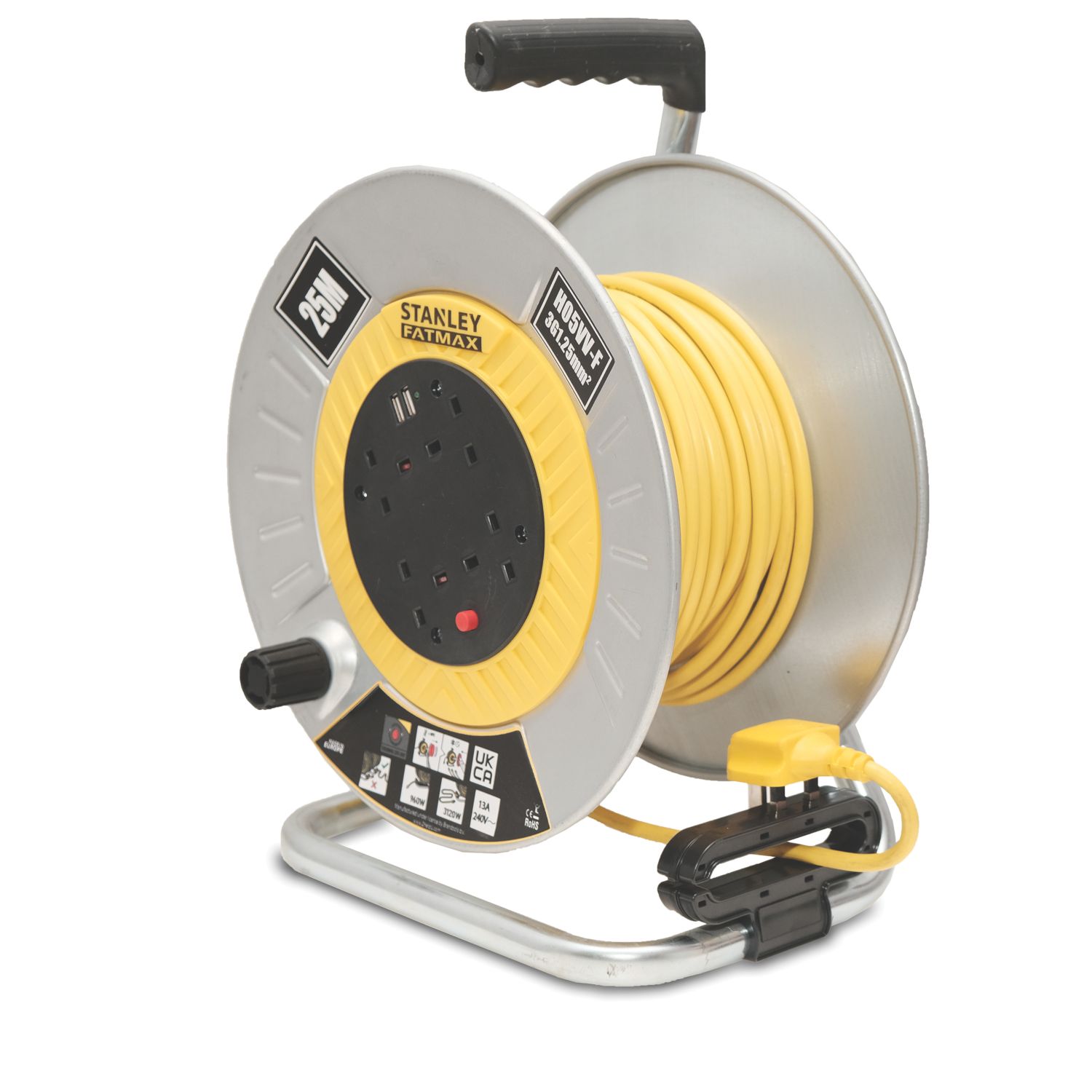 Stanley 13A 4-Gang 25m FatMax Cable Reel + 2.1A 2-Outlet Type A USB Charger 240V (800VA)