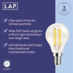 LAP  E14 Mini Globe LED Light Bulb Clear 470lm 2.9W 4 Pack