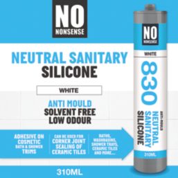 No Nonsense 830 Anti-Mould Neutral Sanitary Silicone Sealant White 310ml 12 Pack