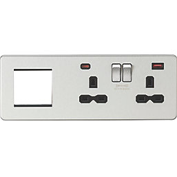 Knightsbridge SFR992RBC 13A 2-Gang DP Combination Plate + 4.0A 18W 2-Outlet Type A & C USB Charger Brushed Chrome with Black Inserts