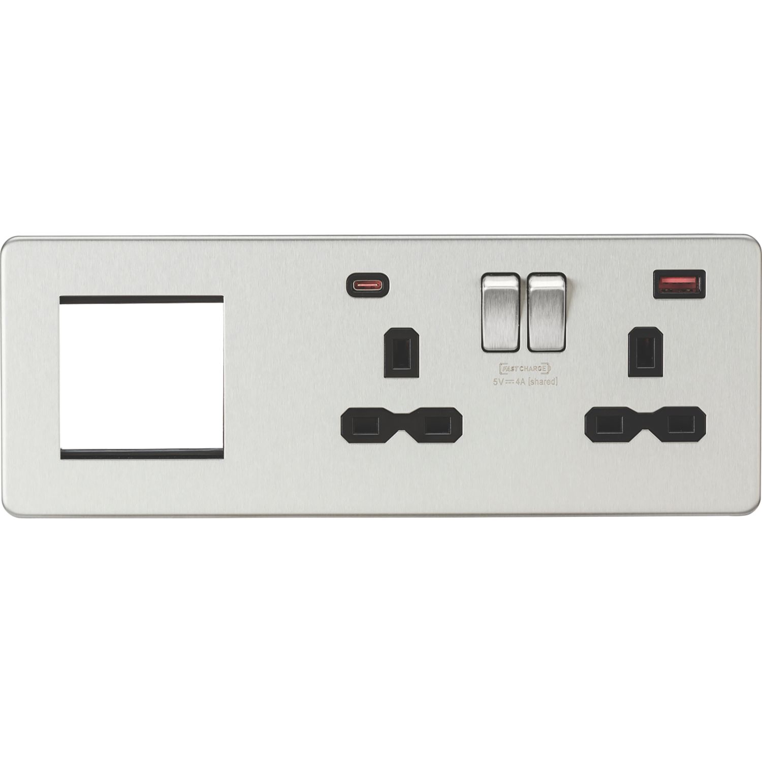 Knightsbridge SFR992RBC 13A 2-Gang DP Combination Plate + 4.0A 18W 2-Outlet Type A & C USB Charger Brushed Chrome with Black Inserts (802VF)