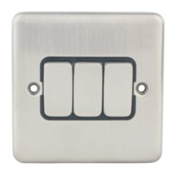 Hager Sollysta WRPS32BSB 10AX 3-Gang 2-Way Light Switch  Brushed Steel with Black Inserts