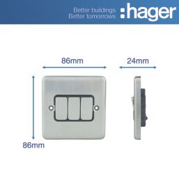 Hager Sollysta WRPS32BSB 10AX 3-Gang 2-Way Light Switch  Brushed Steel with Black Inserts