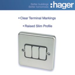 Hager Sollysta WRPS32BSB 10AX 3-Gang 2-Way Light Switch  Brushed Steel with Black Inserts