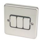 Hager Sollysta WRPS32BSB 10AX 3-Gang 2-Way Light Switch  Brushed Steel with Black Inserts