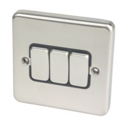 Hager Sollysta WRPS32BSB 10AX 3-Gang 2-Way Light Switch  Brushed Steel with Black Inserts