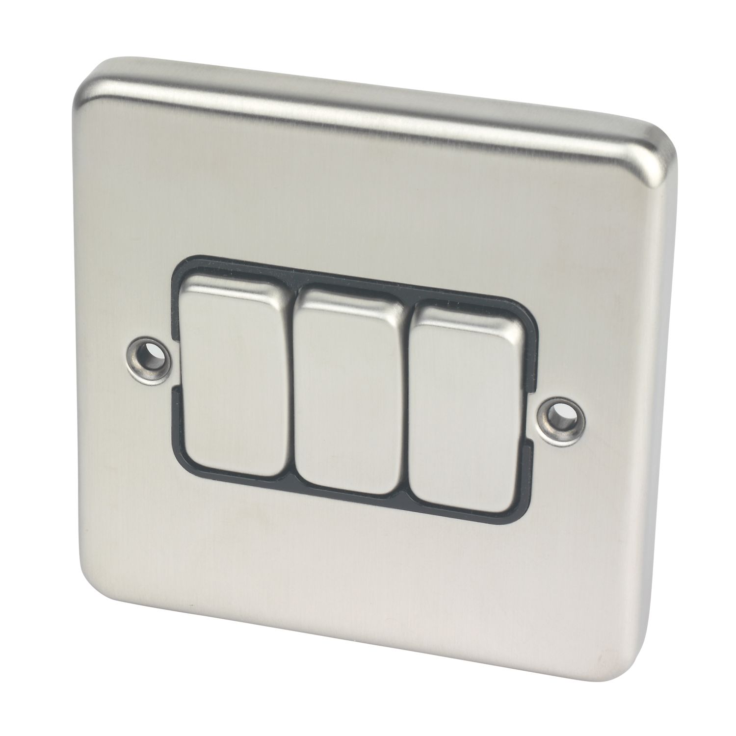 Hager Sollysta WRPS32BSB 10AX 3-Gang 2-Way Light Switch Brushed Steel with Black Inserts (803AM)