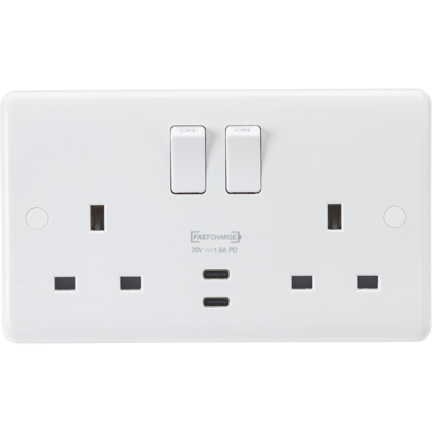 Knightsbridge Curved Edge 13A 2-Gang DP Switched Socket + 1.5A 30W 2-Outlet Type C USB Charger White (804YA)