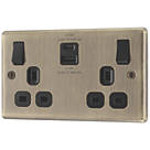 LAP  13A 2-Gang SP Switched Socket + 3A 22W 2-Outlet Type A & C USB Charger Antique Brass with Black Inserts