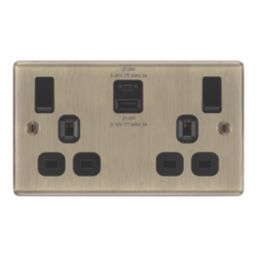LAP  13A 2-Gang SP Switched Socket + 3A 22W 2-Outlet Type A & C USB Charger Antique Brass with Black Inserts