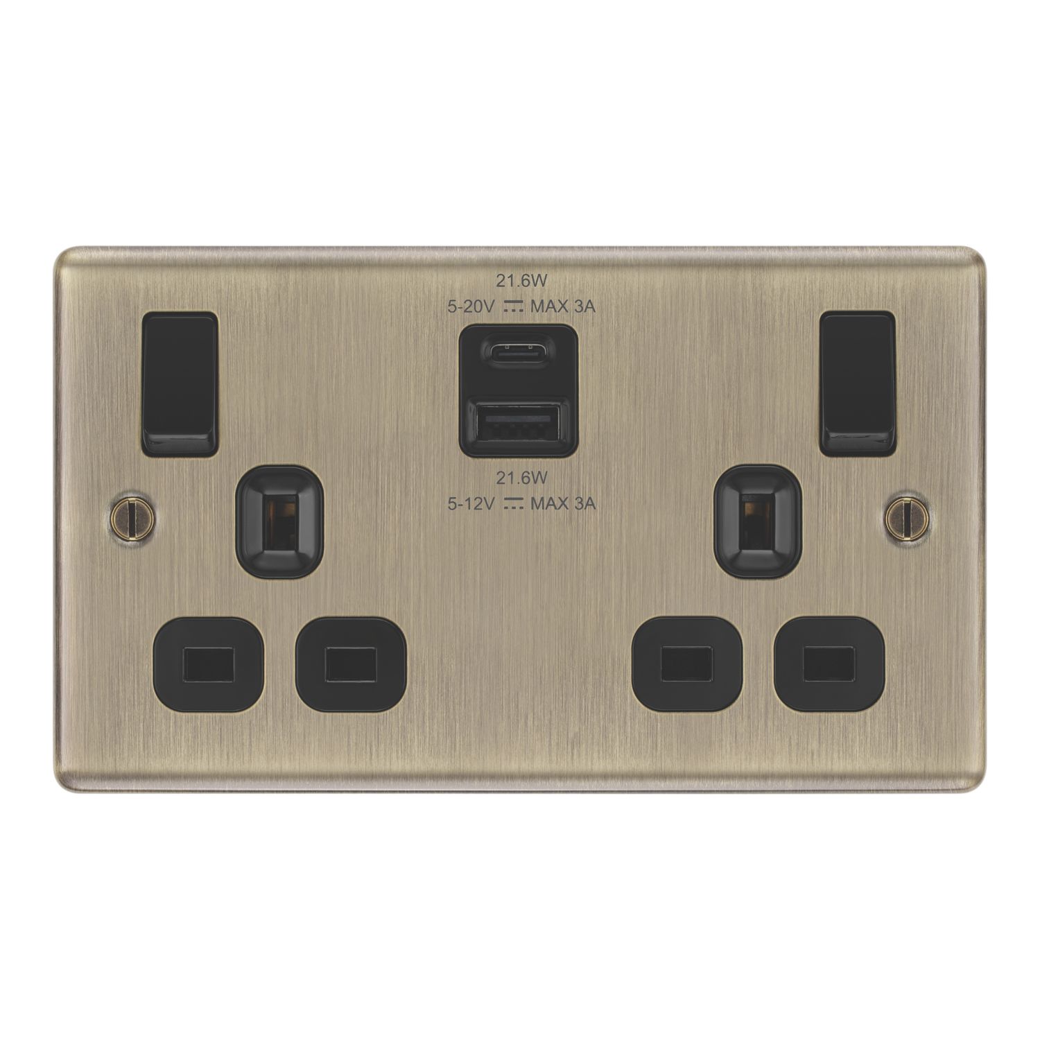 LAP 13A 2-Gang SP Switched Socket + 3A 22W 2-Outlet Type A & C USB Charger Antique Brass with Black Inserts (806PN)