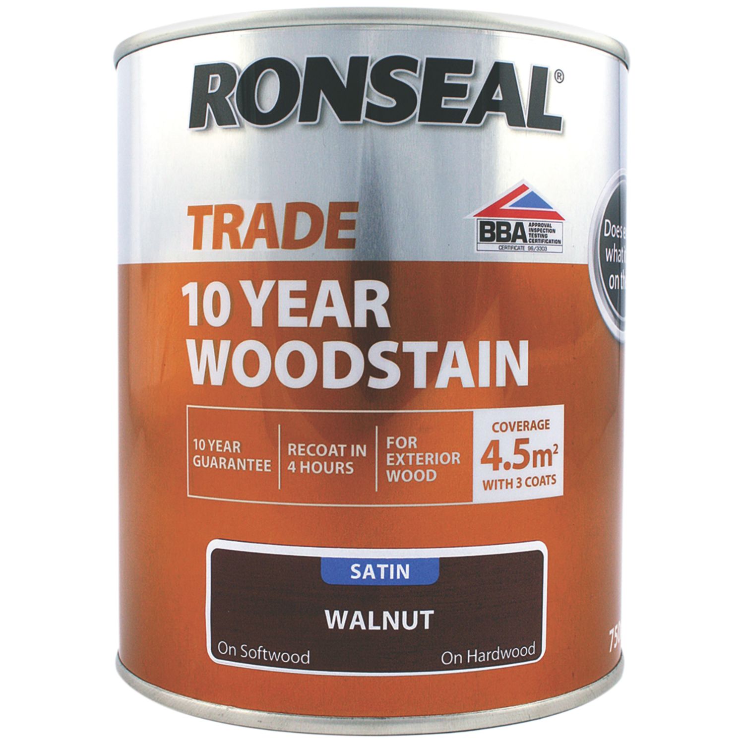 Ronseal 750ml Walnut Satin Water-Based Exterior Wood Stain (807FG)