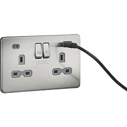 Knightsbridge  13A 2-Gang SP Switched Socket + 4.0A 20W 2-Outlet Type A & C USB Charger Brushed Chrome with Grey Inserts