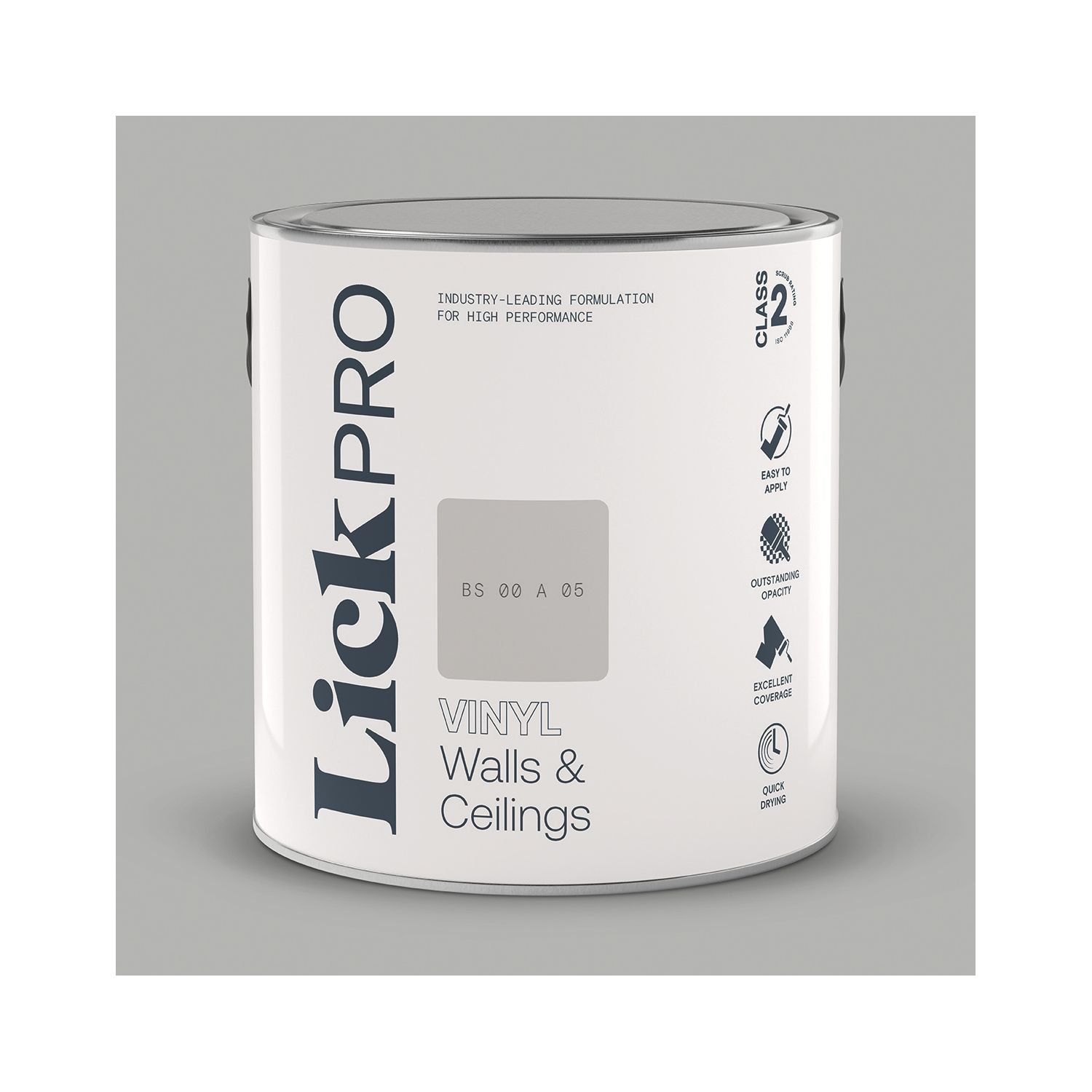 LickPro 2.5Ltr Grey BS 00 A 05 Vinyl Matt Emulsion Paint (808TM)