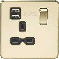 Knightsbridge SFR9124PB 13A 1-Gang SP Switched Socket + 2.4A 2-Outlet Type A USB Charger Polished Brass with Black Inserts