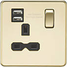 Knightsbridge  13A 1-Gang SP Switched Socket + 2.4A 2-Outlet Type A USB Charger Polished Brass with Black Inserts