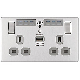 LAP  13A 2-Gang SP Switched Wi-Fi Extender Socket + 2.1A 10.5W 1-Outlet Type A USB Charger Brushed Stainless Steel with Graphite Inserts