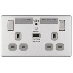 LAP  13A 2-Gang SP Switched Wi-Fi Extender Socket + 2.1A 1-Outlet Type A USB Charger Brushed Stainless Steel with Graphite Inserts