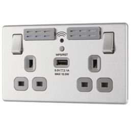 LAP  13A 2-Gang SP Switched Wi-Fi Extender Socket + 2.1A 10.5W 1-Outlet Type A USB Charger Brushed Stainless Steel with Graphite Inserts