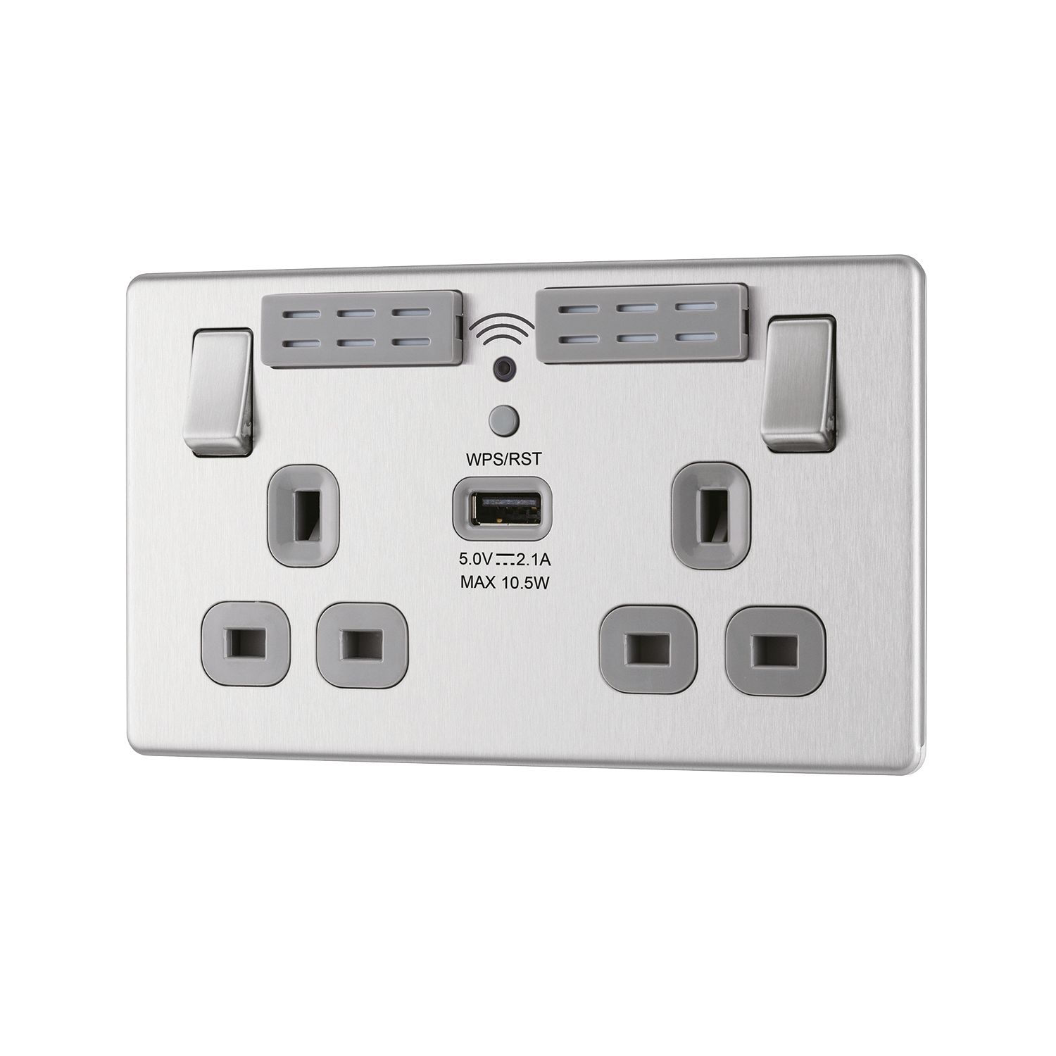 LAP 13A 2-Gang SP Switched Wi-Fi Extender Socket + 2.1A 10.5W 1-Outlet Type A USB Charger Brushed Stainless Steel with Graphite Inserts (809KJ)