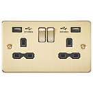 Knightsbridge FPR9224BB 13A 2-Gang SP Switched Socket + 2.4A 2-Outlet Type A USB Charger Brushed Brass with Black Inserts