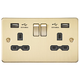 Knightsbridge  13A 2-Gang SP Switched Socket + 2.4A 2-Outlet Type A USB Charger Brushed Brass with Black Inserts