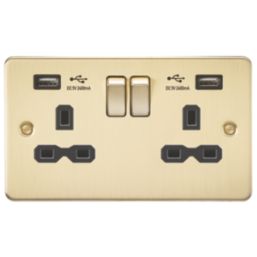Knightsbridge FPR9224BB 13A 2-Gang SP Switched Socket + 2.4A 2-Outlet Type A USB Charger Brushed Brass with Black Inserts