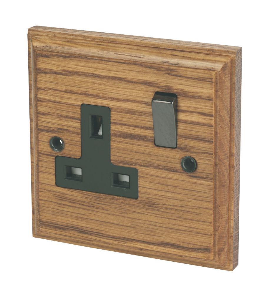 Varilight  13AX 1-Gang DP Switched Plug Socket Medium Oak  with Black Inserts