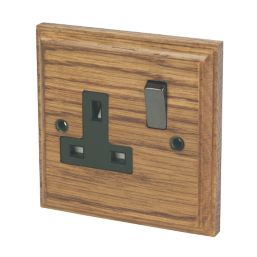 Varilight  13AX 1-Gang DP Switched Plug Socket Medium Oak  with Black Inserts