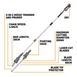Titan TTT831HDC 18V 1 x 2.0Ah Li-Ion TXP Brushless Cordless Hedge Trimmer & Pole Saw Kit