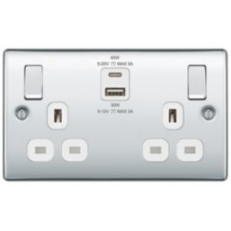 British General Nexus Metal 13A 2-Gang SP Switched Socket + 3A 45W 2-Outlet Type A & C USB Charger Polished Chrome with White Inserts