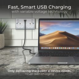 British General Nexus Metal 13A 2-Gang SP Switched Socket + 3A 45W 2-Outlet Type A & C USB Charger Polished Chrome with White Inserts